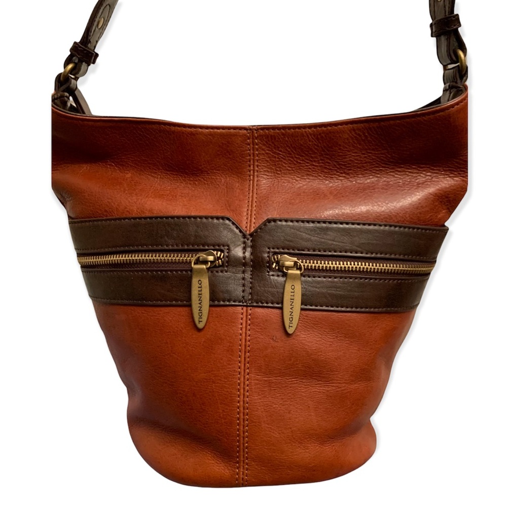 Moving! Tignanello Two-Tone Brown Cognac Bucket Hobo Genuine Leather ShoulderBag